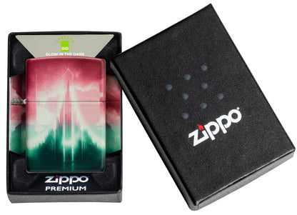 Zippo Wicked City Design Glow in the dark Green Windproof Lighter in its packaging.