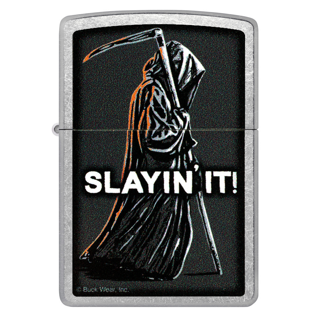 Front view of Zippo Buck Wear™ Slayin' It Design Street Chrome Windproof Lighter.