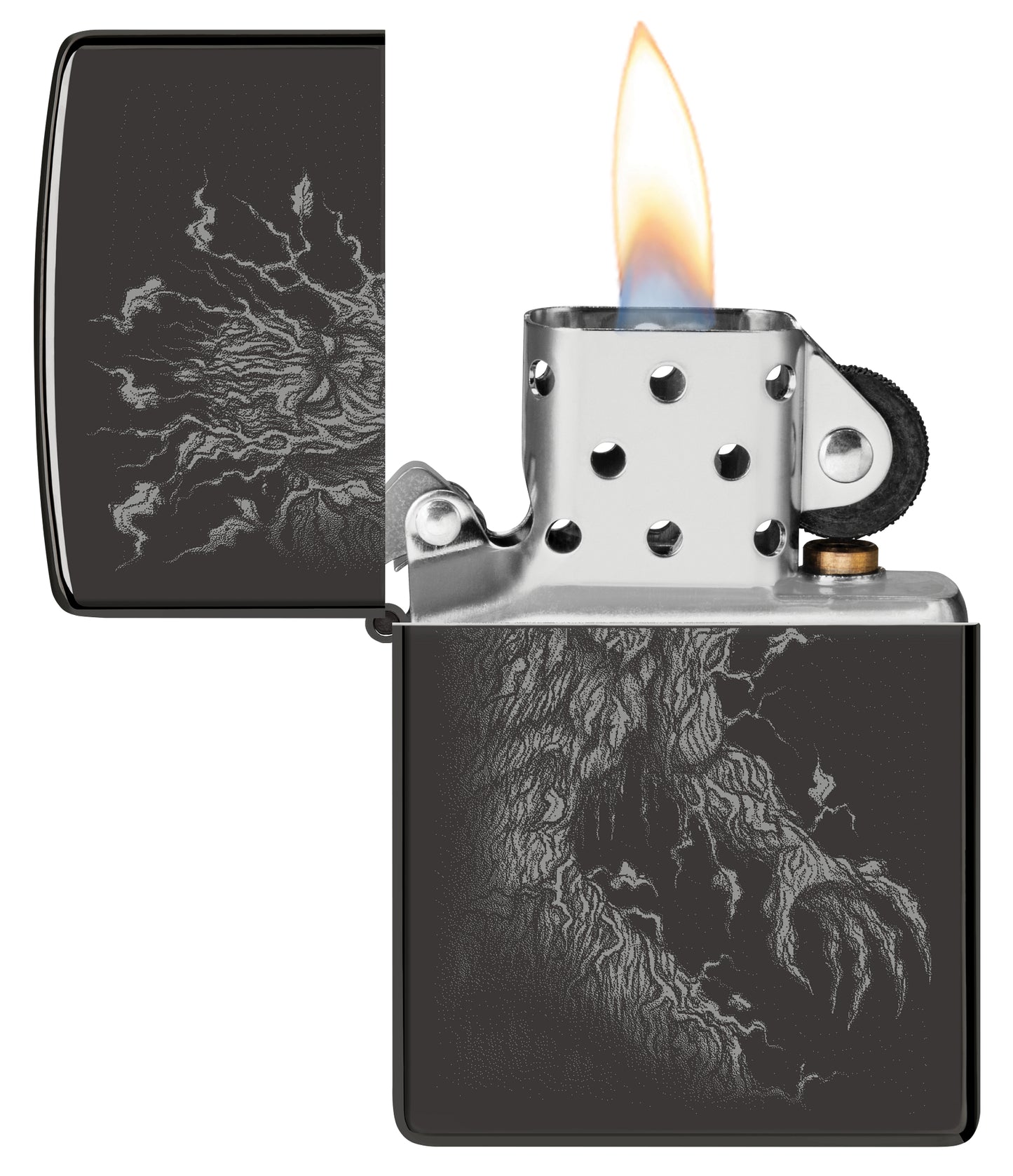 Zippo Root of All Evil Design High Polish Black Windproof Lighter with its lid open and lit.