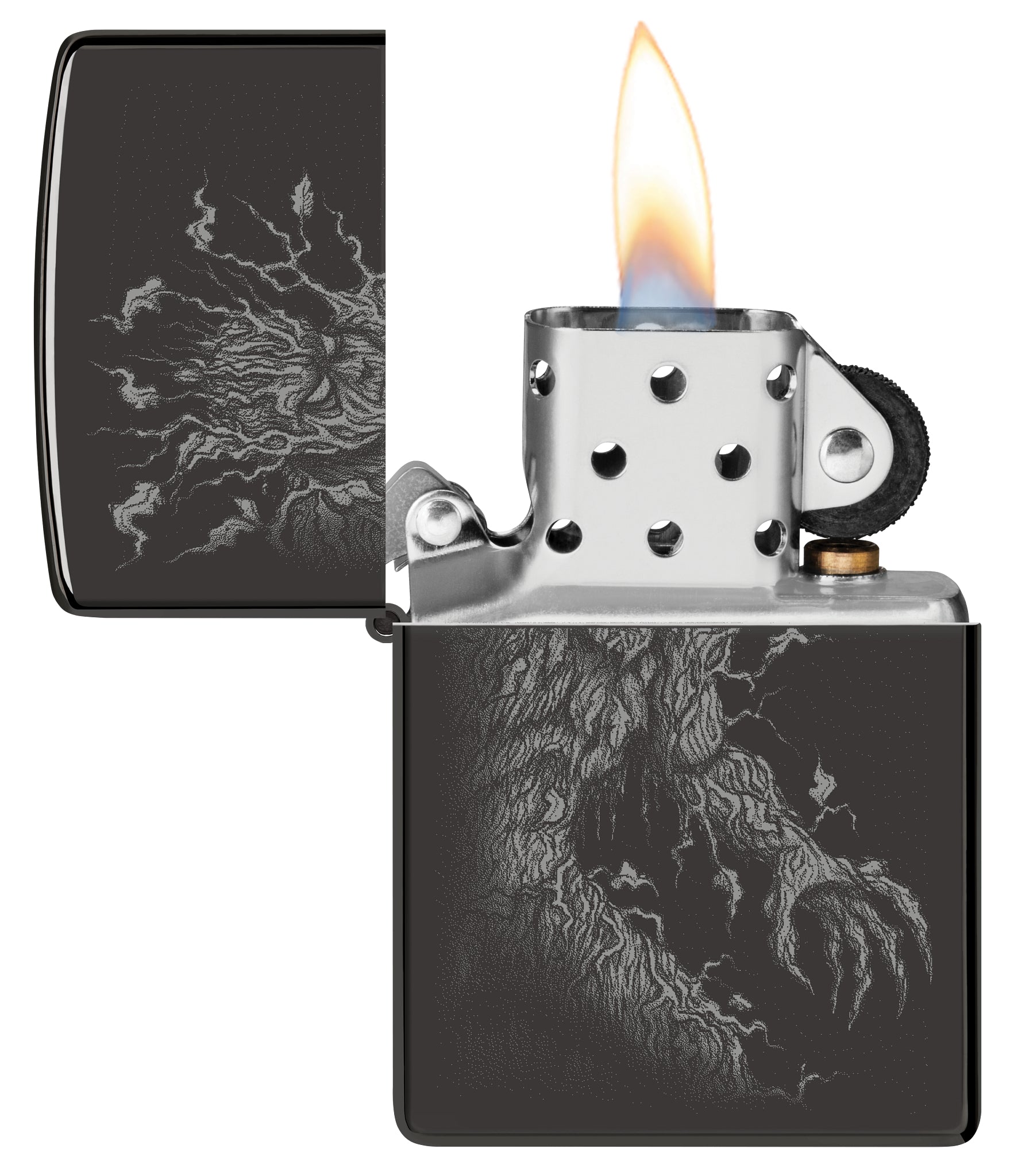 Zippo Root of All Evil Design High Polish Black Windproof Lighter with its lid open and lit.