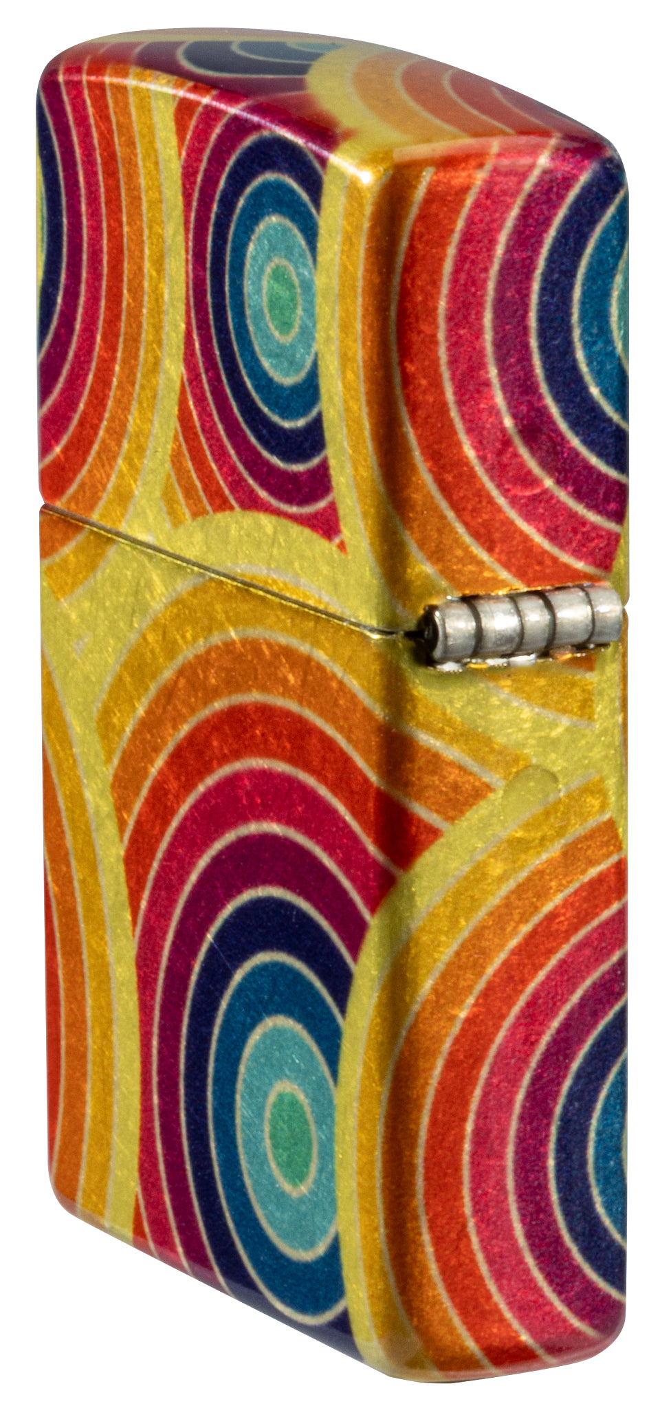 Angled shot of  Zippo Funky Fusion Design 540 Tumbled Brass Windproof Lighter showing the back and hinge side of the lighter.
