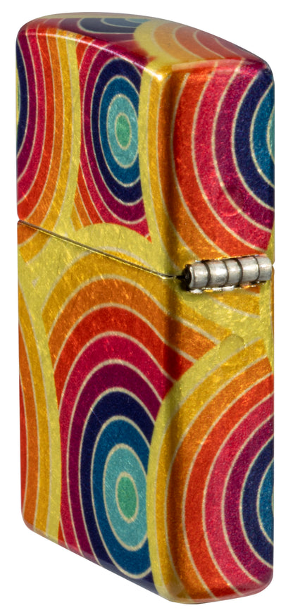 Angled shot of  Zippo Funky Fusion Design 540 Tumbled Brass Windproof Lighter showing the back and hinge side of the lighter.