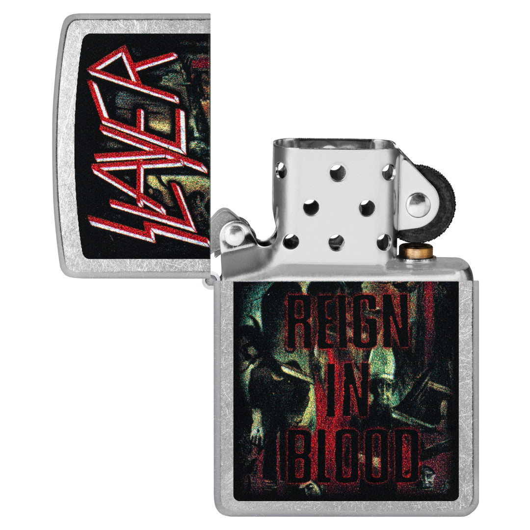 Zippo Slayer Reign in Blood Design Street Chrome Windproof Lighter with its lid open and unlit.