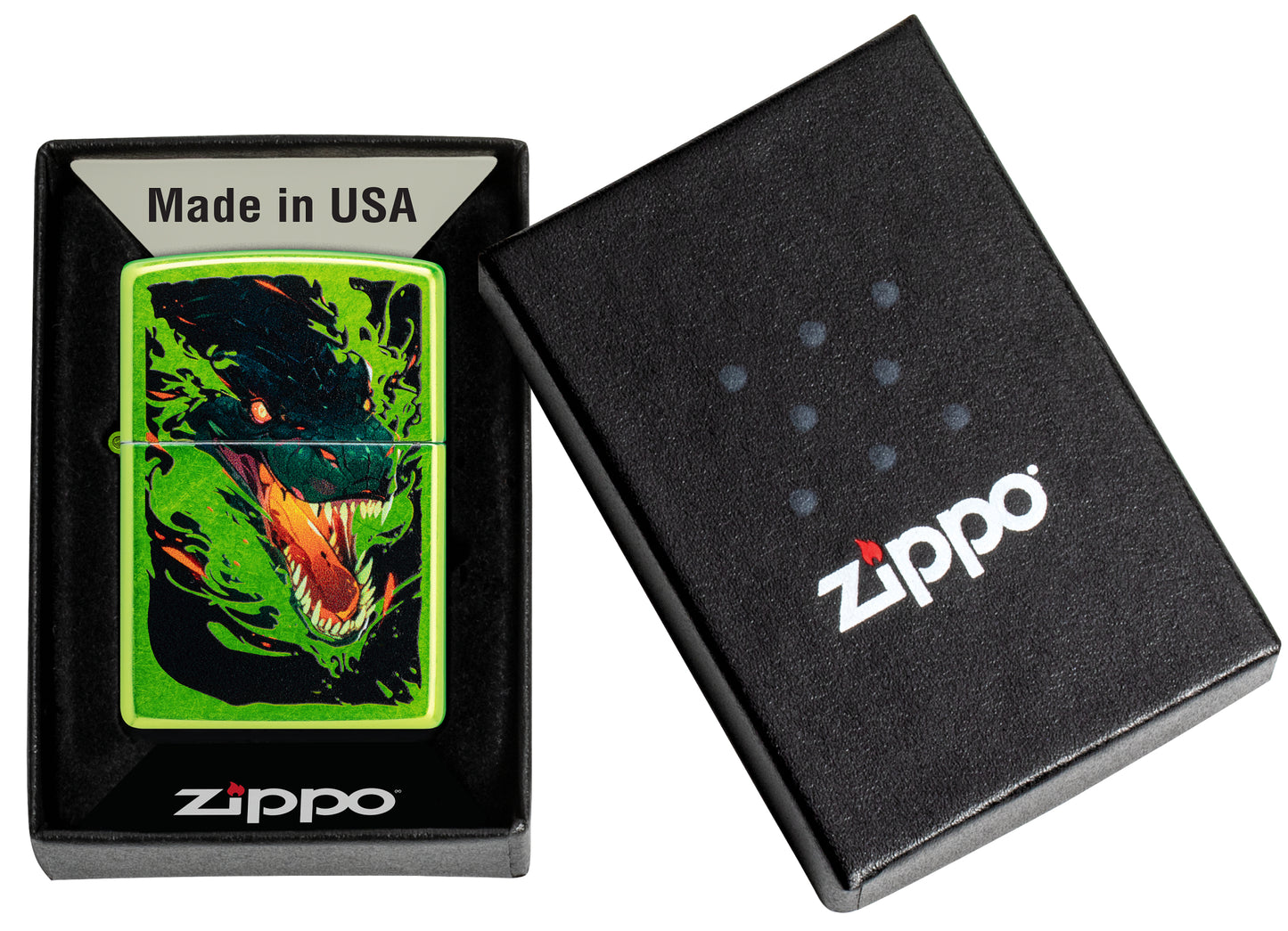 Zippo Screaming Dragon Design Lurid Windproof Lighter in its packaging.