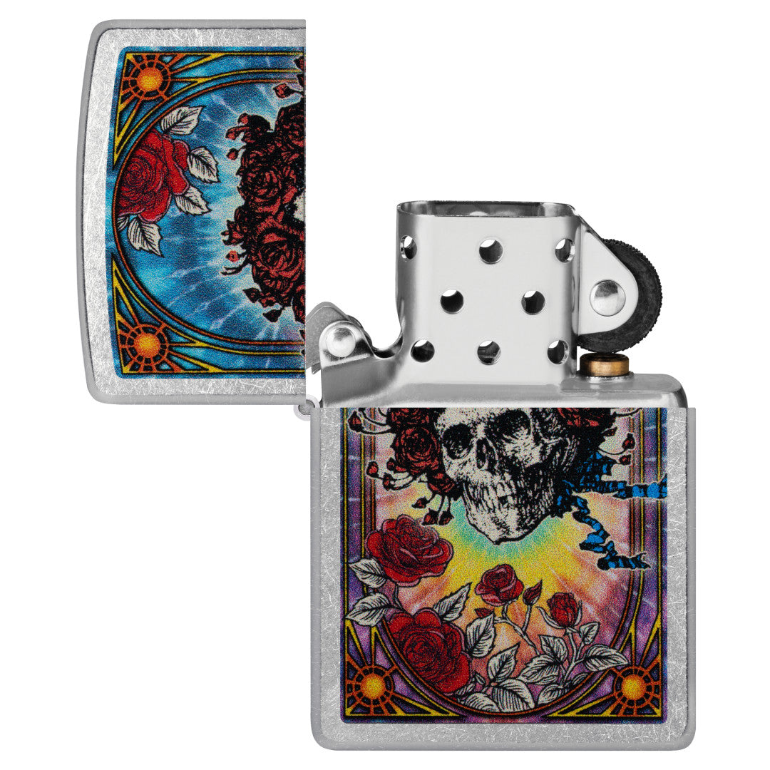 Zippo Grateful Dead Bertha Design Street Chrome Windproof Lighter with its lid open and unlit.