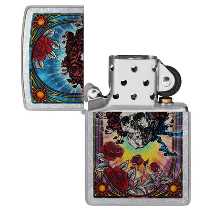 Zippo Grateful Dead Bertha Design Street Chrome Windproof Lighter with its lid open and unlit.