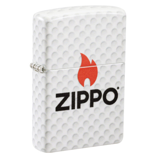 Front shot of Zippo Golf Ball Design 540 Matte Windproof Lighter standing at a 3/4 angle.