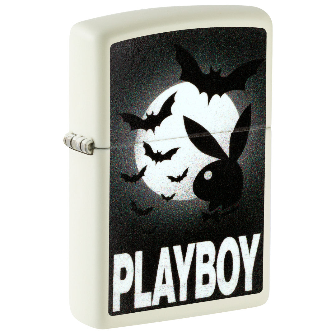 Front shot of Zippo Playboy Glowing Bats Design Glow In The Dark Windproof Lighter standing at a 3/4 angle.