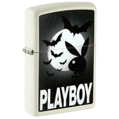 Front shot of Zippo Playboy Glowing Bats Design Glow In The Dark Windproof Lighter standing at a 3/4 angle.
