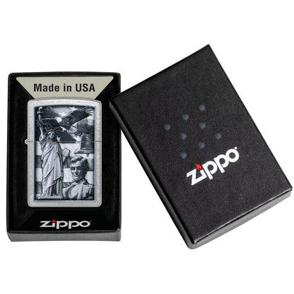 Zippo American Icons Design Street Chrome Windproof Lighter in its packaging.