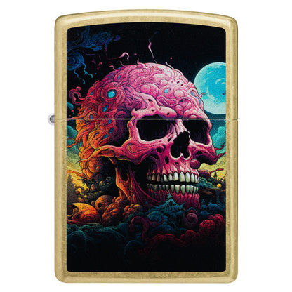 Front view of Zippo Cosmic Skull Design Street Brass Windproof Lighter.