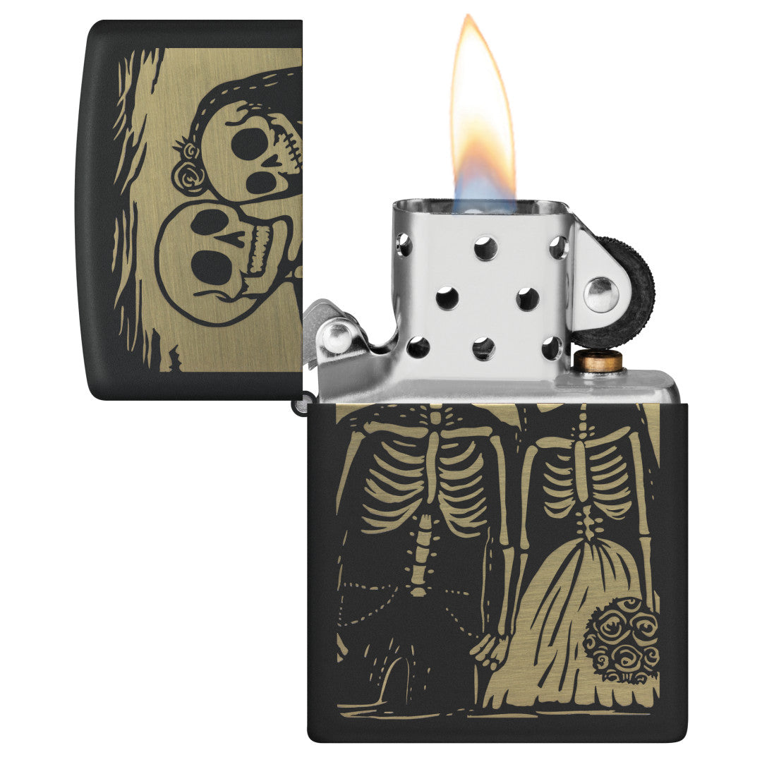 Zippo Skeleton Wedding Design Black Matte Windproof Lighter with its lid open and lit.