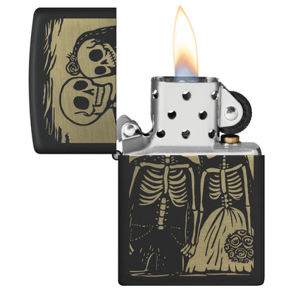 Zippo Skeleton Wedding Design Black Matte Windproof Lighter with its lid open and lit.