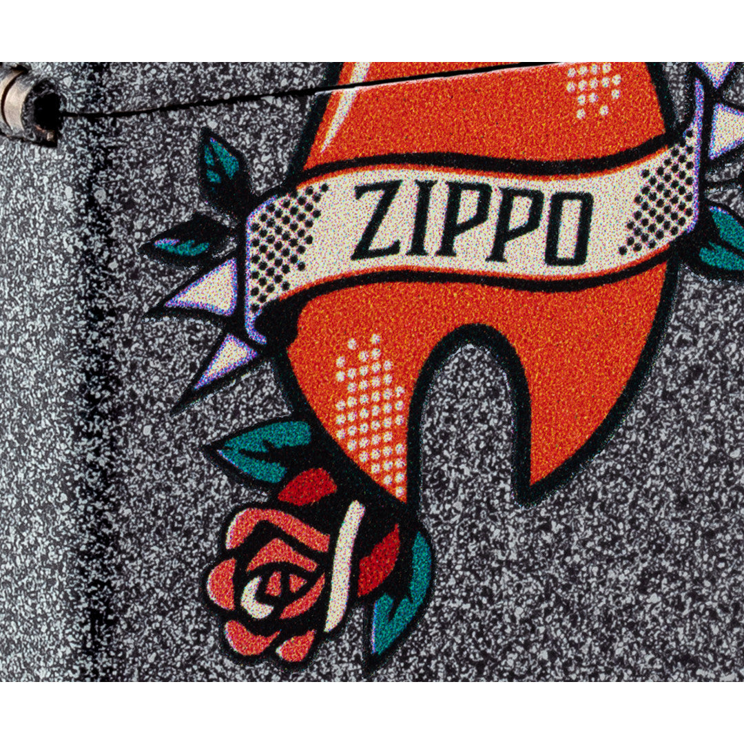 Front view of Zippo Flame Tattoo Design Iron Stone Windproof Lighter close up to show the detail of the lighter.