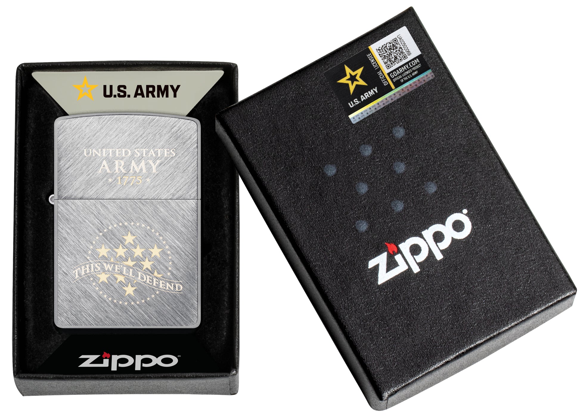 Zippo U.S. Army® This We'll Defend Design Herringbone Sweep Windproof Lighter in its packaging.