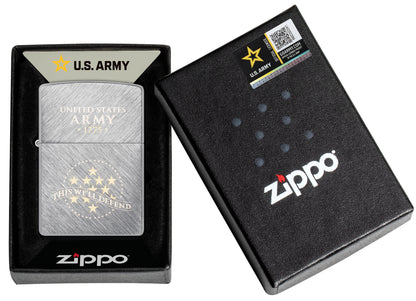Zippo U.S. Army® This We'll Defend Design Herringbone Sweep Windproof Lighter in its packaging.