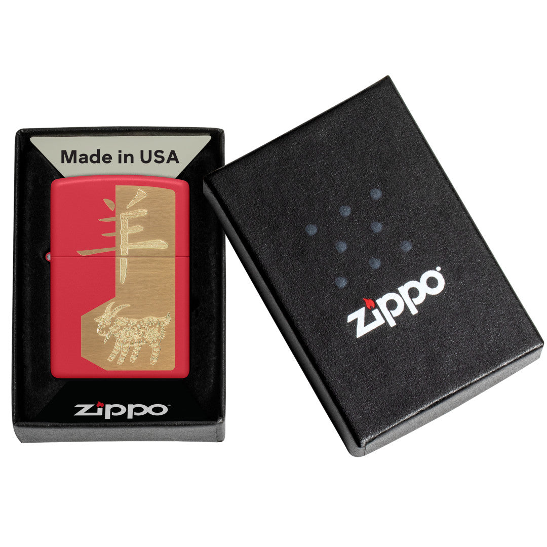 Zippo 2027 Year of the Sheep Design Red Matte Windproof Lighter in its packaging.