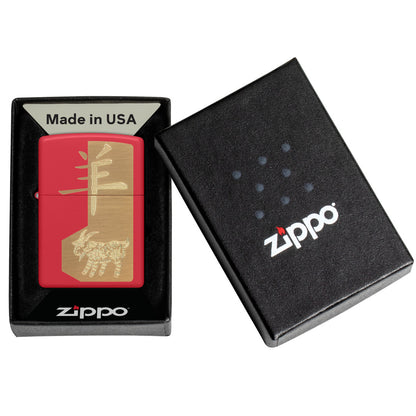 Zippo 2027 Year of the Sheep Design Red Matte Windproof Lighter in its packaging.