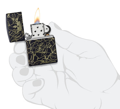 Zippo Queen of Bud 360° Roses Design Black Matte Windproof Lighter lit in hand.
