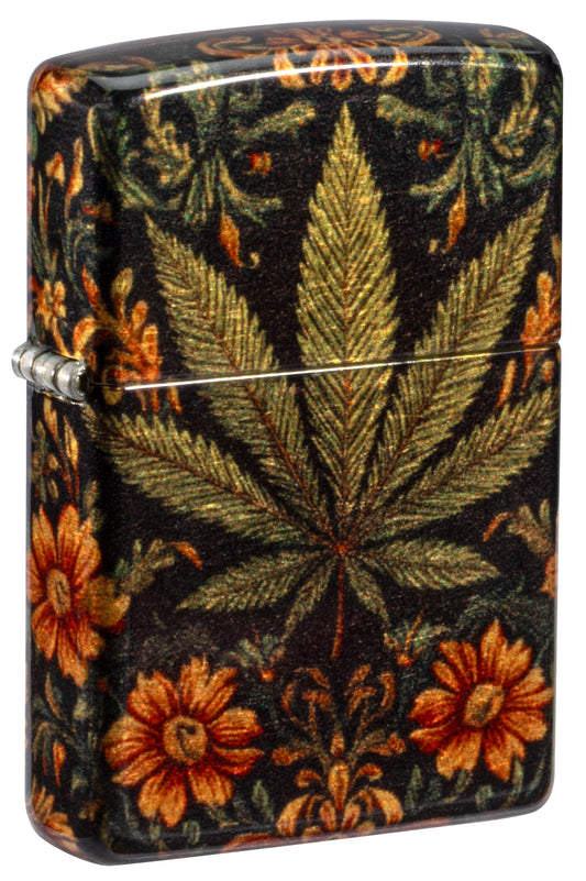 Front shot of Zippo Cannabis Tapestry Design Tumbled Brass Windproof Lighter standing at a 3/4 angle.