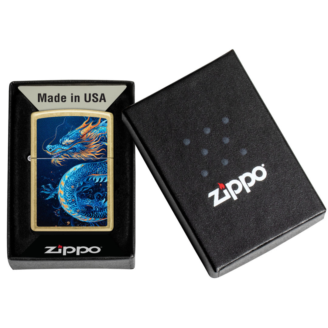 Zippo Sea Dragon Design Street Brass Windproof Lighter in its packaging.