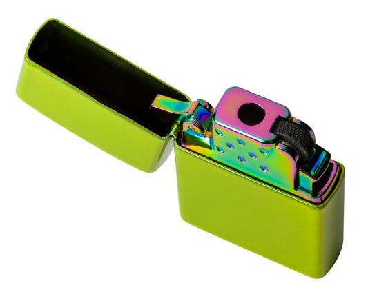 Top view of Zippo Yellow Flame Butane Insert - Green/Spectrum/Iridescent in a green case (Sold Separately) standing at a 3/4 angle with its lid open and unlit.