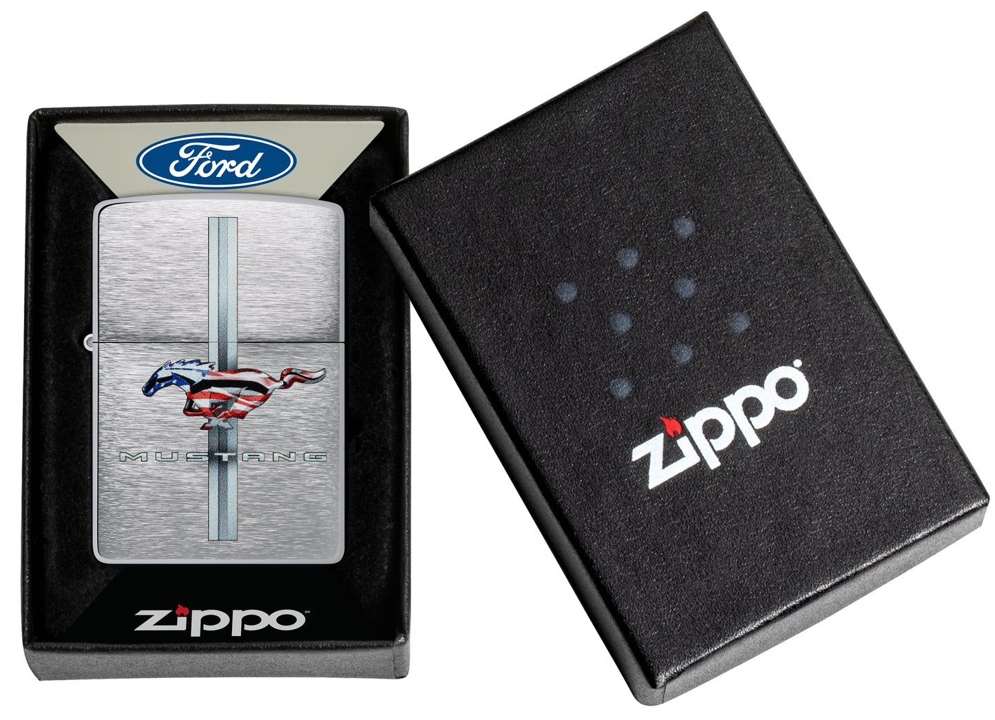 Zippo Ford Mustang Design Brushed Chrome Windproof Lighter in its packaging.