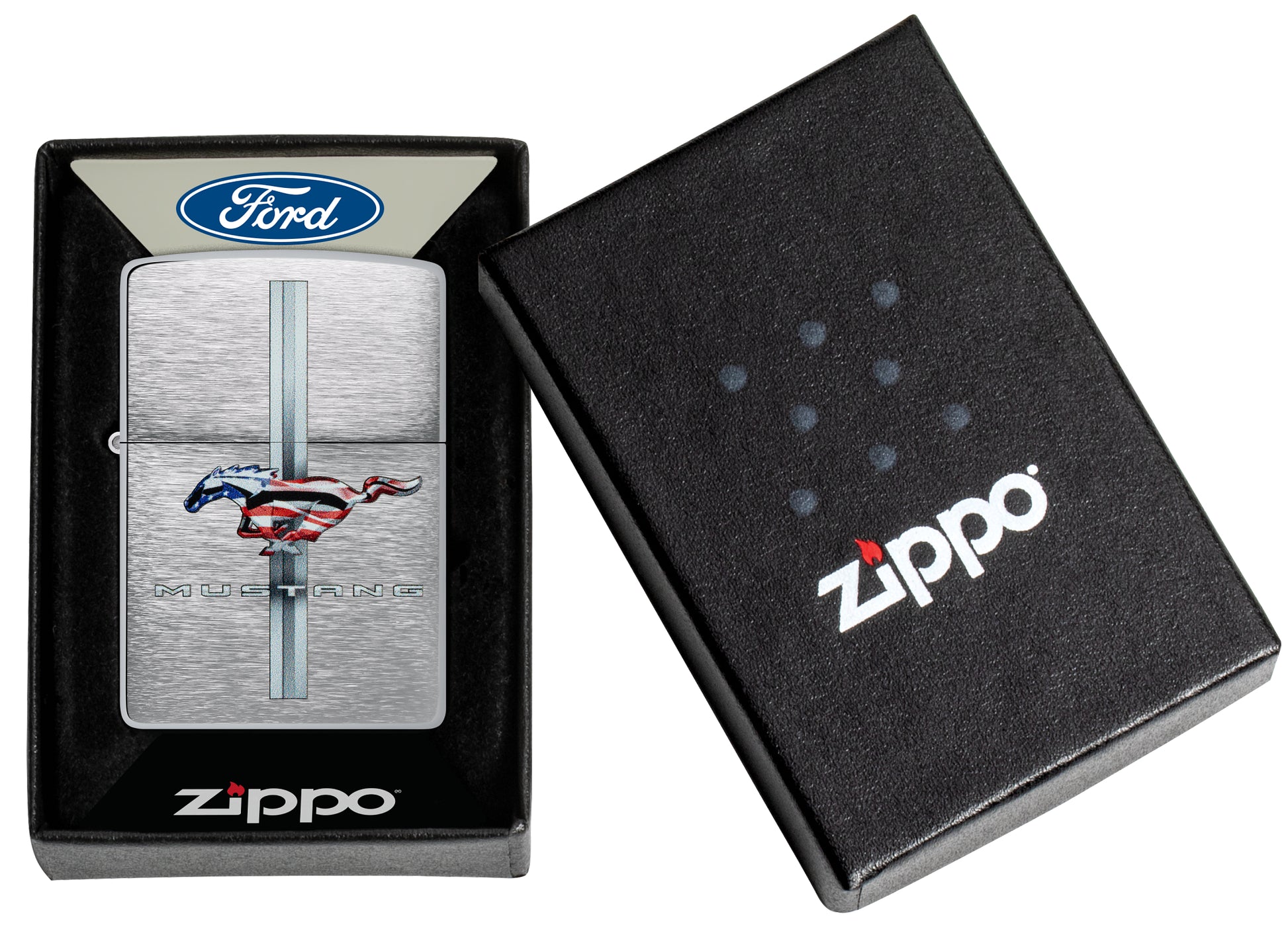 Zippo Ford Mustang Design Brushed Chrome Windproof Lighter in its packaging.