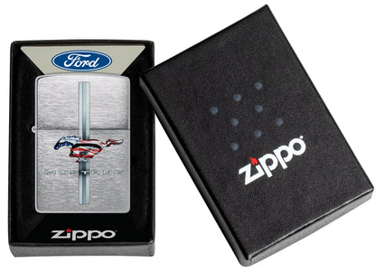 Zippo Ford Mustang Design Brushed Chrome Windproof Lighter in its packaging.