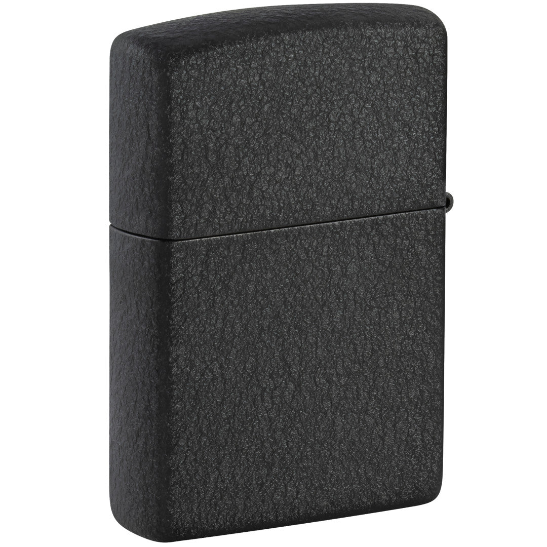 Back view of Zippo Freedom Warrior Design Black Crackle® Windproof Lighter standing at a 3/4 angle.
