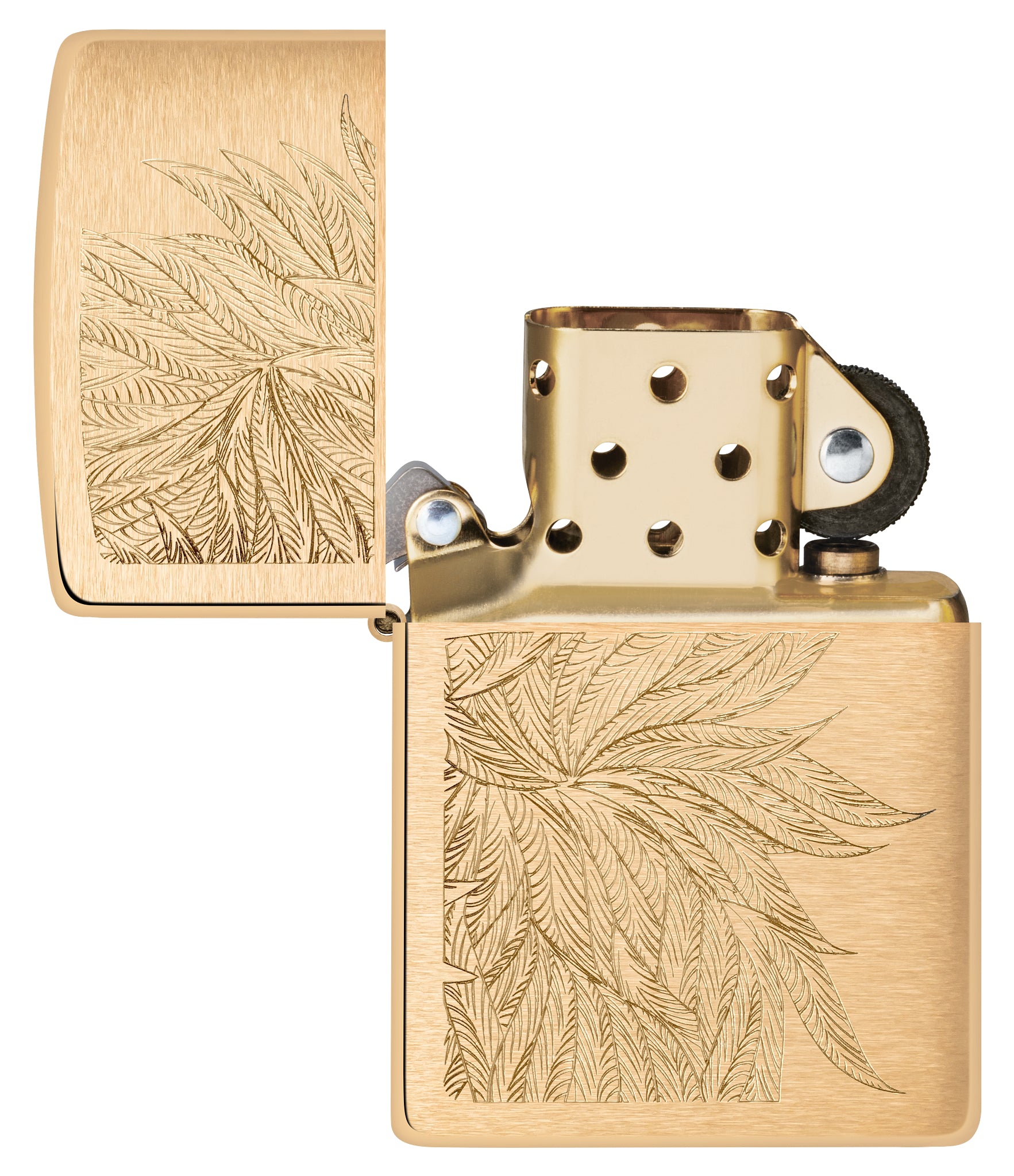 Zippo Lush Leaves Design Brushed Brass Windproof Lighter with its lid open and unlit.