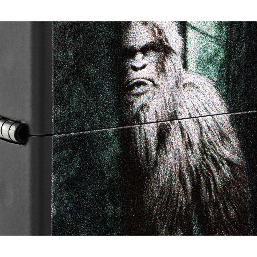 Front view of Zippo Squatch Cam Design Black Matte Windproof Lighter close up to show the detail of the lighter.