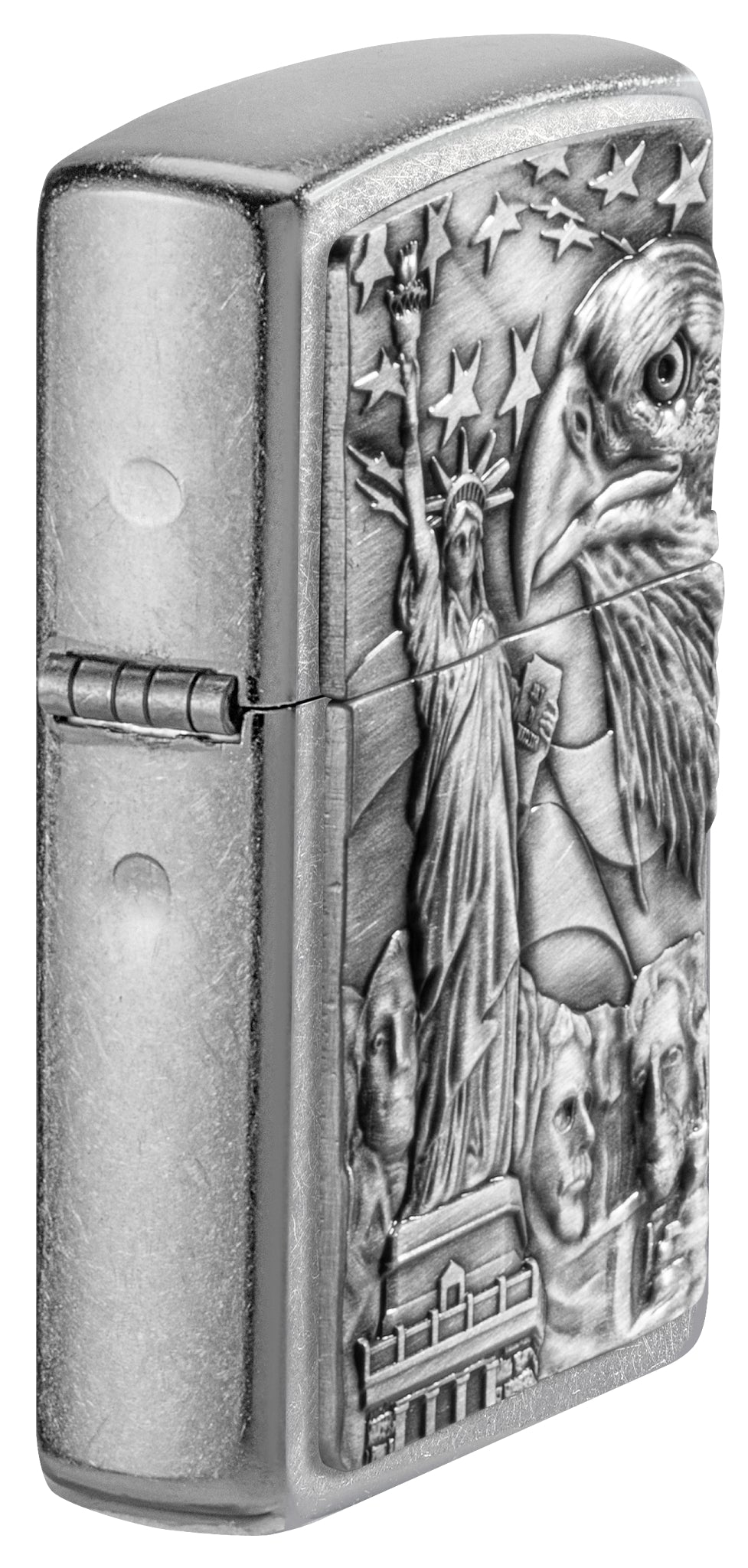 Front view of Zippo American Icons Emblem Street Chrome Windproof Lighter standing at an angle, showing the emblem.