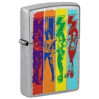 Front shot of Zippo KISS® Fly Flag Design Street Chrome Windproof Lighter standing at a 3/4 angle.