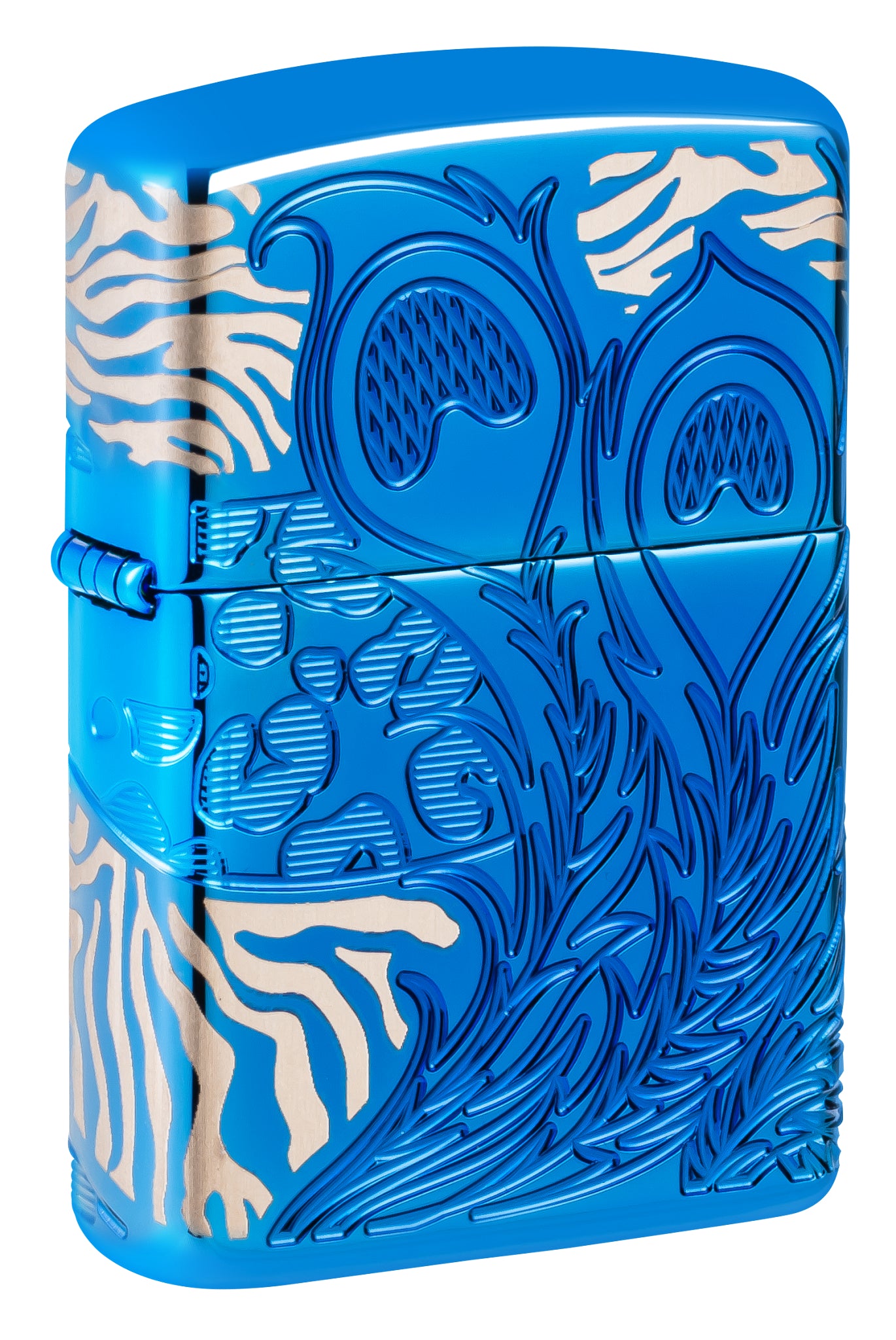 Front shot of Zippo Animal Flair Design Armor® High Polish Blue Windproof Lighter standing at a 3/4 angle.