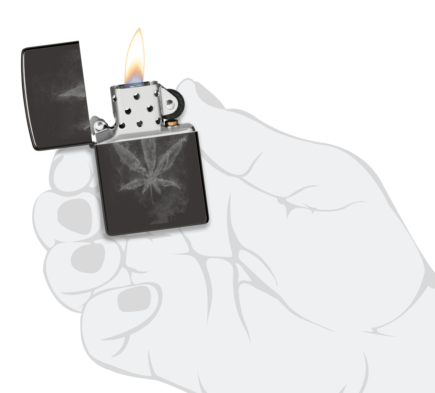 Zippo Wispy Leaf Design High Polish Black Windproof Lighter lit in hand.