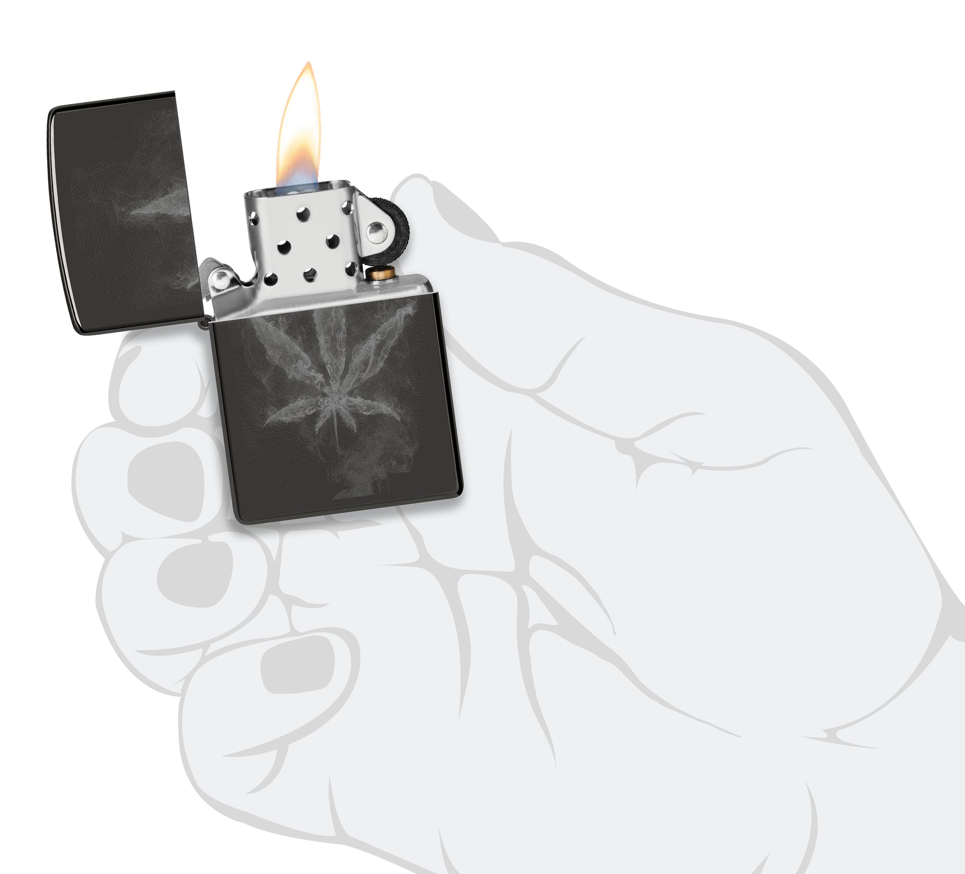 Zippo Wispy Leaf Design High Polish Black Windproof Lighter lit in hand.