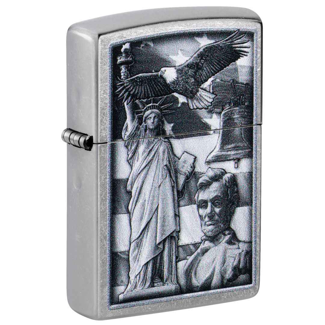 Front shot of Zippo American Icons Design Street Chrome Windproof Lighter standing at a 3/4 angle.