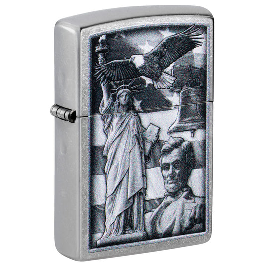 Front shot of Zippo American Icons Design Street Chrome Windproof Lighter standing at a 3/4 angle.