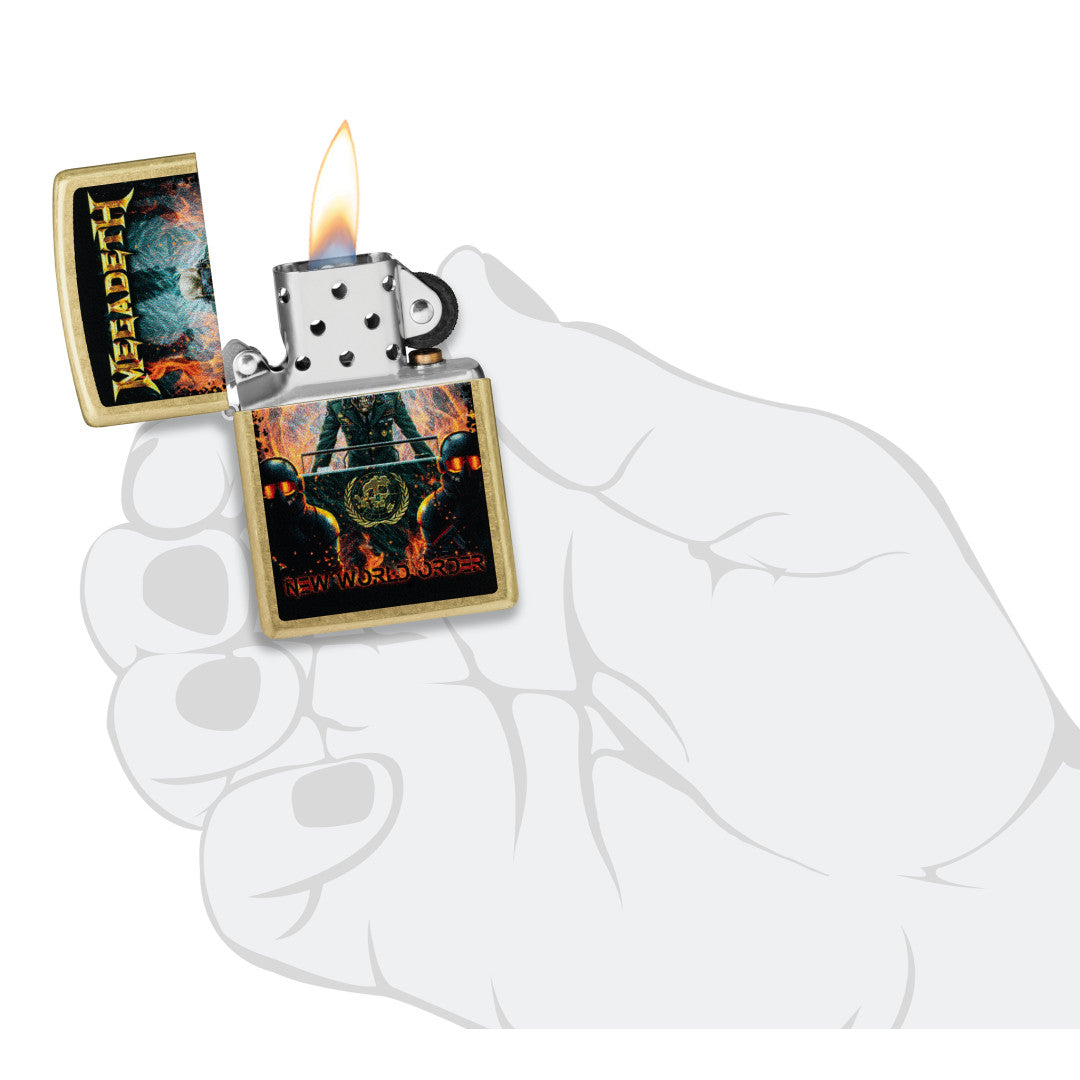 Zippo Megadeth New World Order Design Street Brass Windproof Lighter lit in hand.