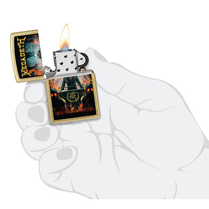 Zippo Megadeth New World Order Design Street Brass Windproof Lighter lit in hand.