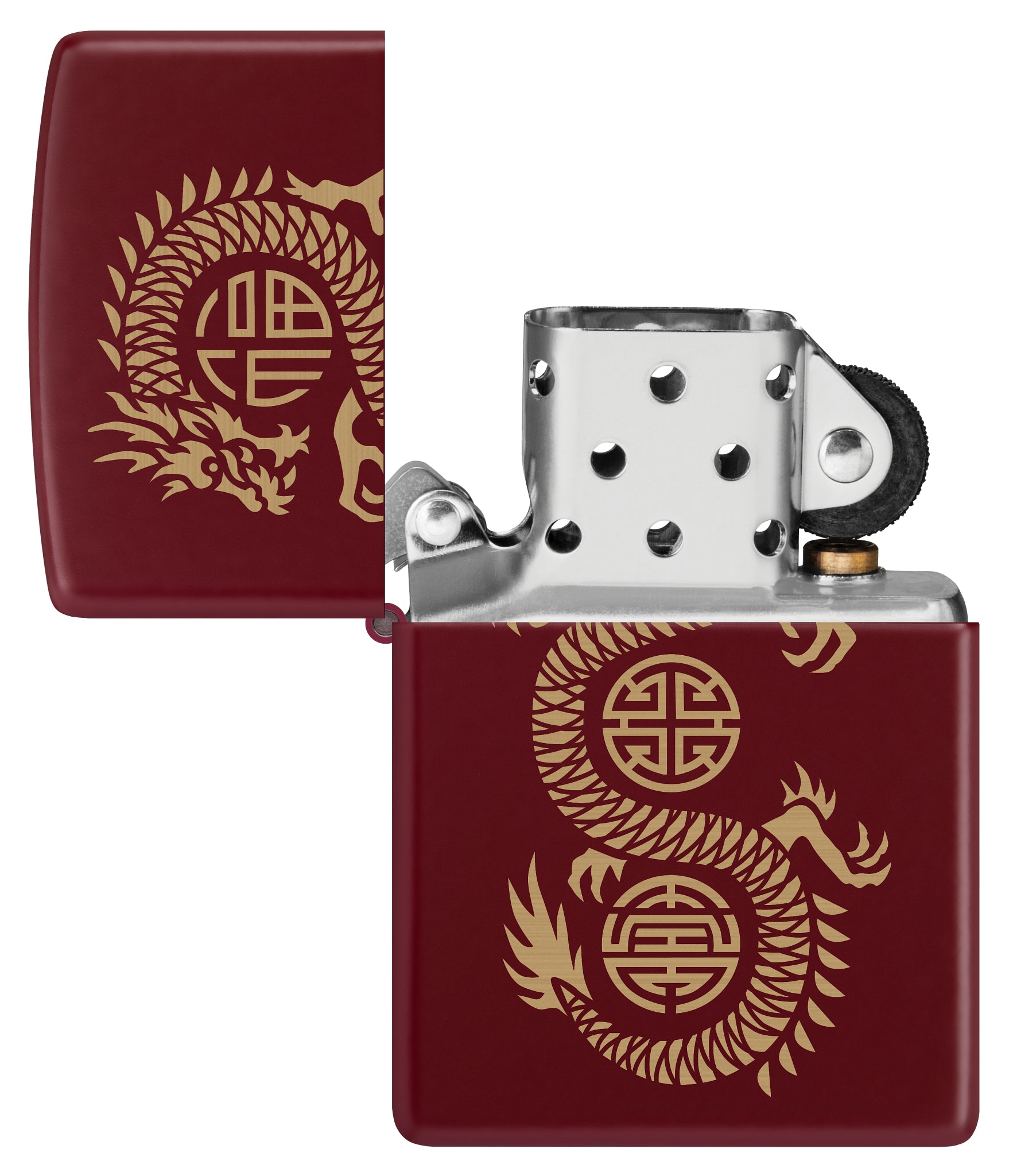 Zippo Lucky Dragon Design Merlot Windproof Lighter with its lid open and unlit.