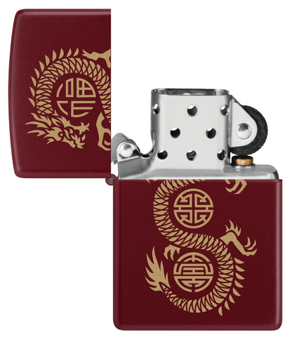 Zippo Lucky Dragon Design Merlot Windproof Lighter with its lid open and unlit.