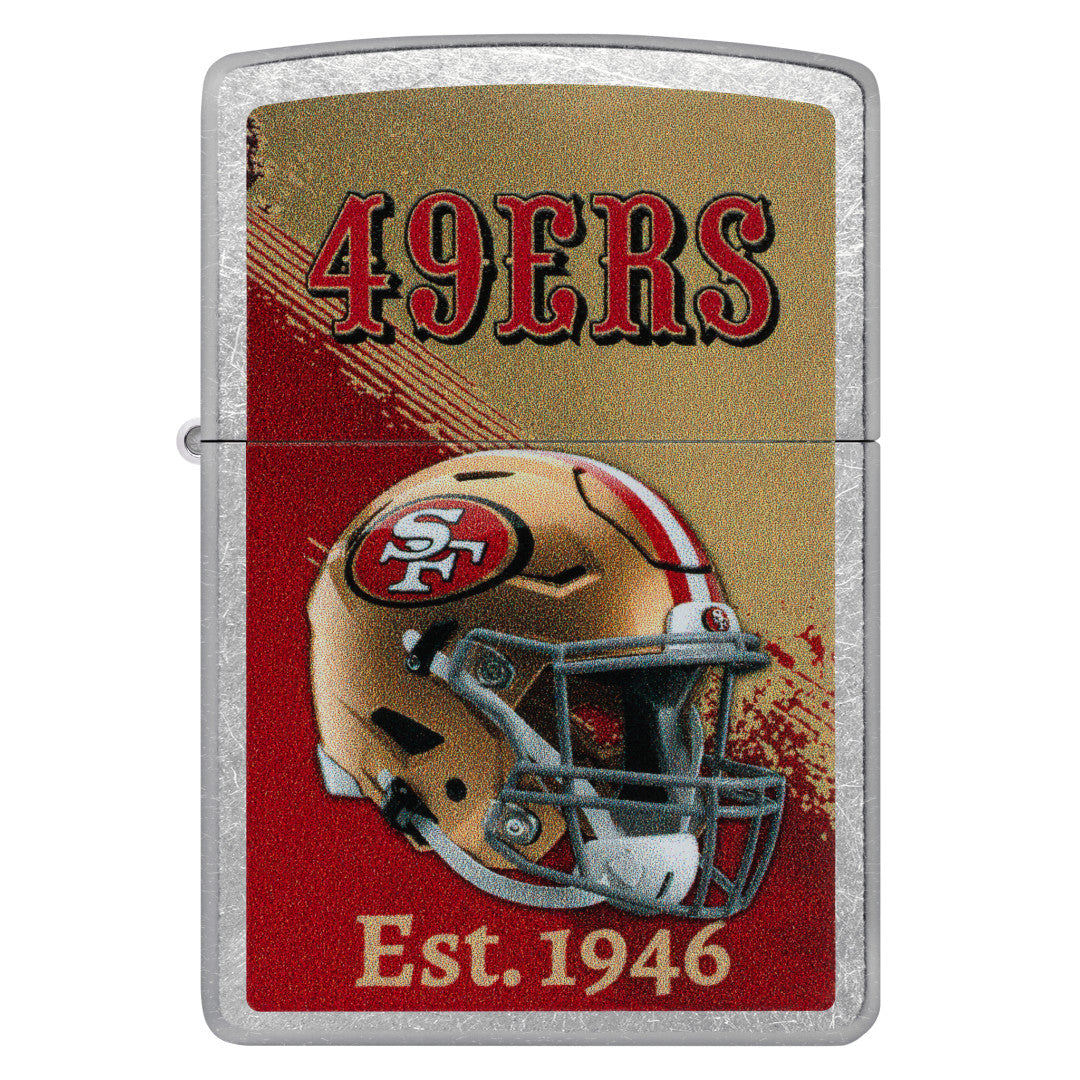 Front view of Zippo NFL San Francisco 49ers Helmet Design Street Chrome Windproof Lighter.