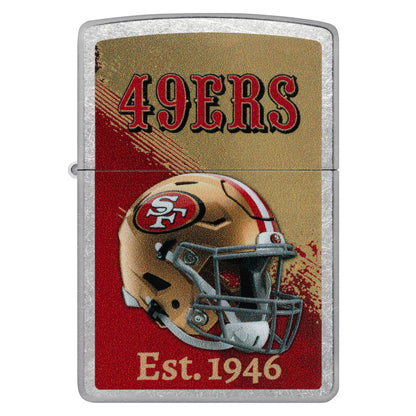 Front view of Zippo NFL San Francisco 49ers Helmet Design Street Chrome Windproof Lighter.