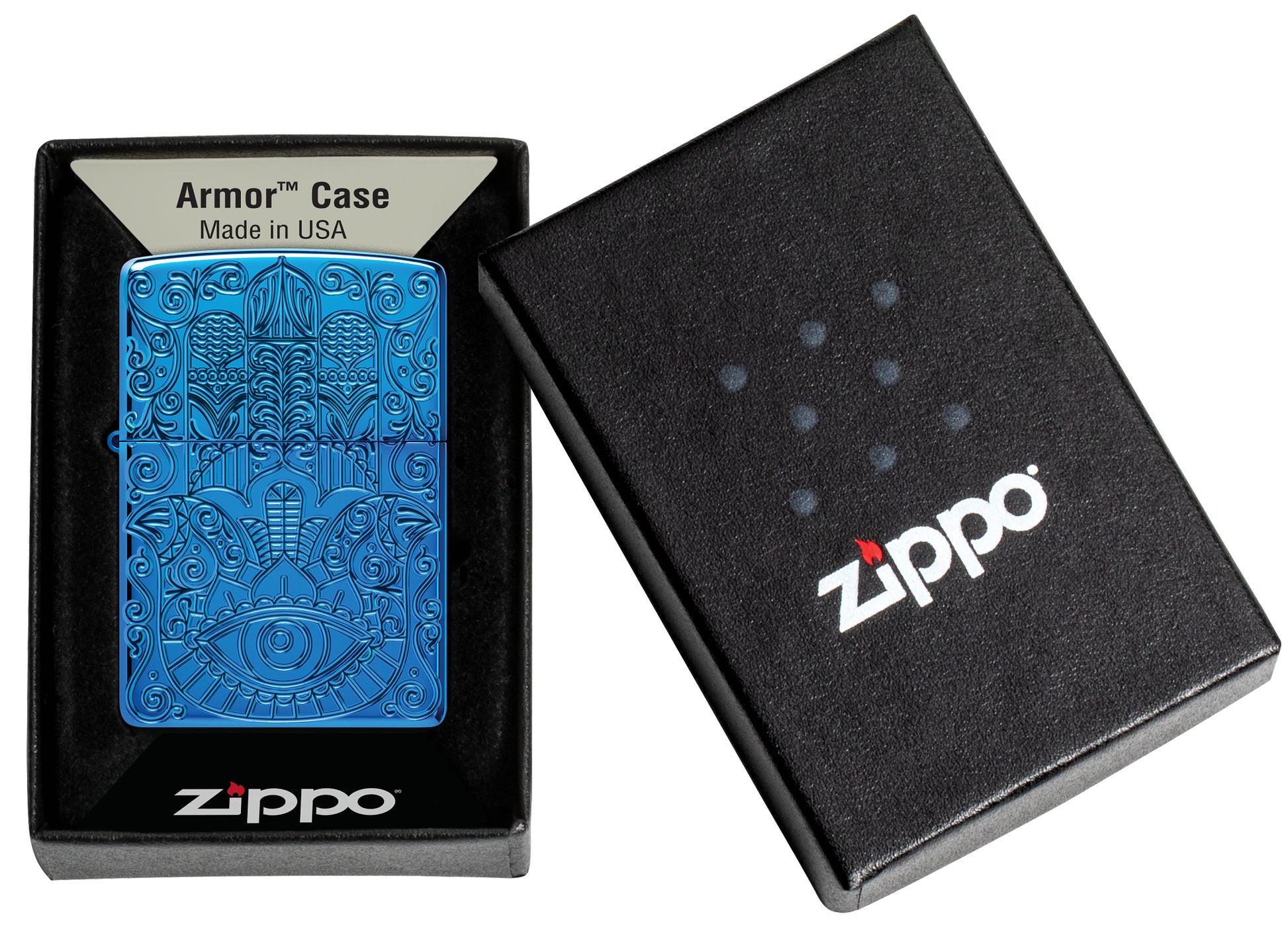 Zippo Hamsa Armor® High Polish Blue Windproof Lighter in its packaging.