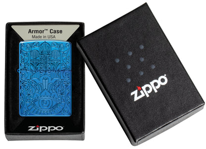 Zippo Hamsa Armor® High Polish Blue Windproof Lighter in its packaging.