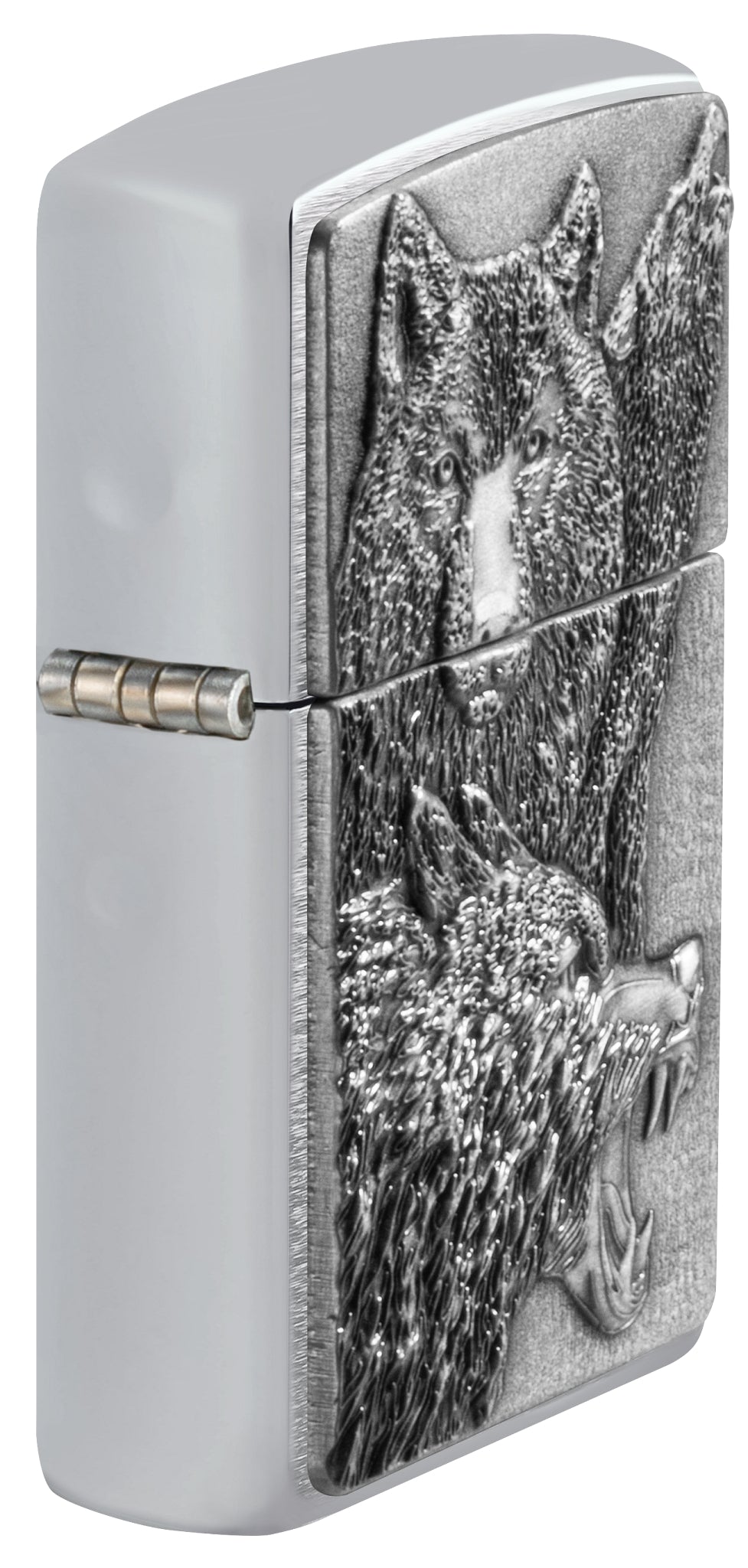 Front view of Zippo Wolf Pack Emblem Brushed Chrome Windproof Lighter standing at an angle, showing the emblem.