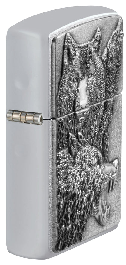 Front view of Zippo Wolf Pack Emblem Brushed Chrome Windproof Lighter standing at an angle, showing the emblem.