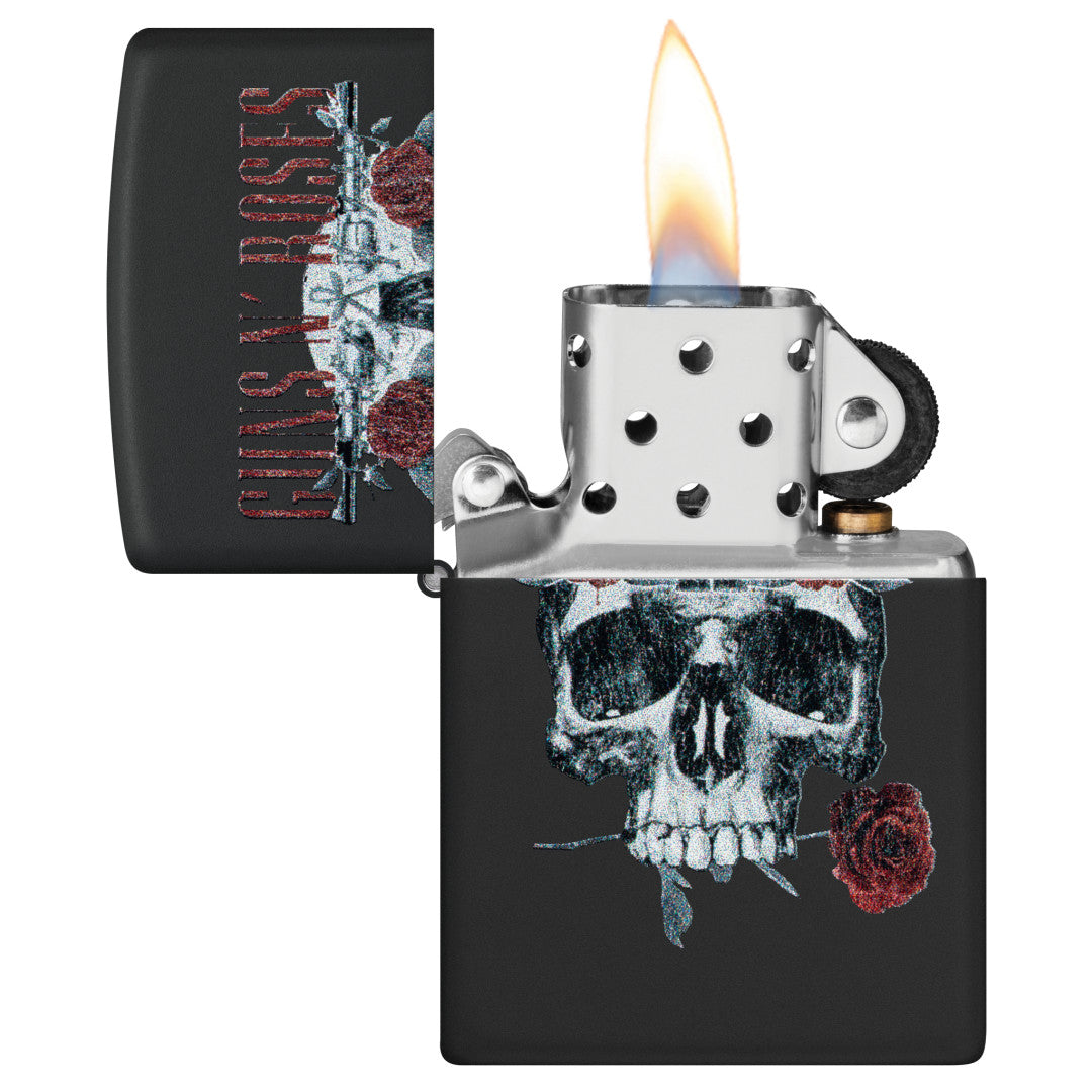 Zippo Guns N' Roses Flower Skull Design Black Matte Windproof Lighter with its lid open and lit.
